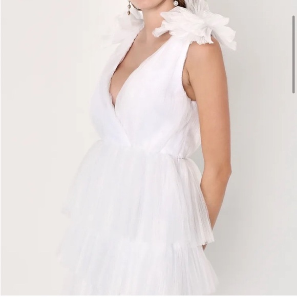 Lulu’s Dramatic Arrival White Tulle Tiered Surplice Mini Dress - Picture 3 of 6